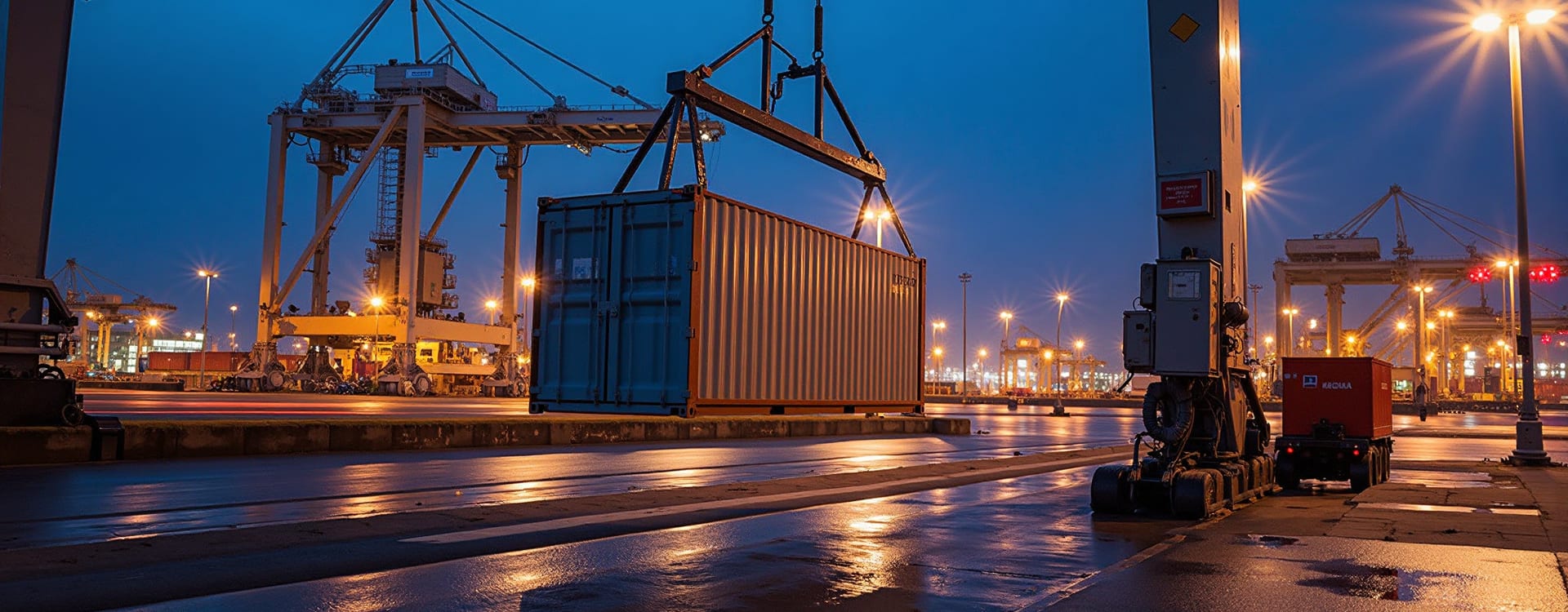 Gantry crane lifting a container at a container terminal at night